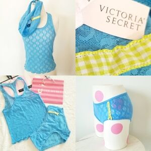 Victoria's Secret Vintage Nylon Blue Lace Floral Cami Tank Hipster Panty Set NWT